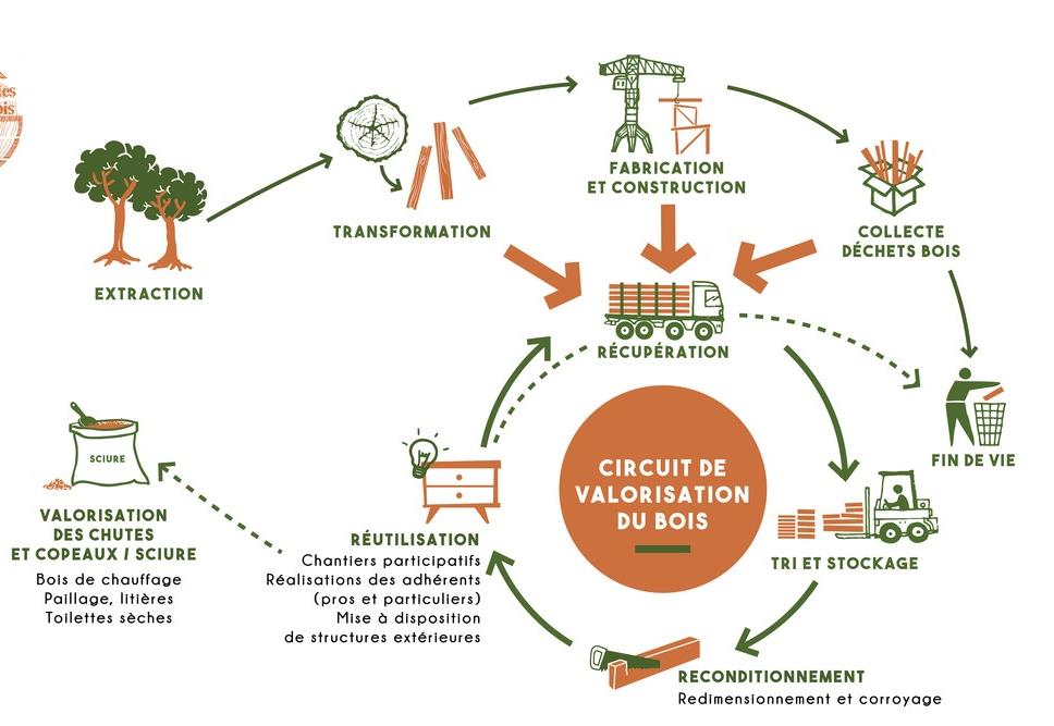 Schéma du circuit de valorisation du bois : extraction, transformation, réutilisation et valorisation des copeaux