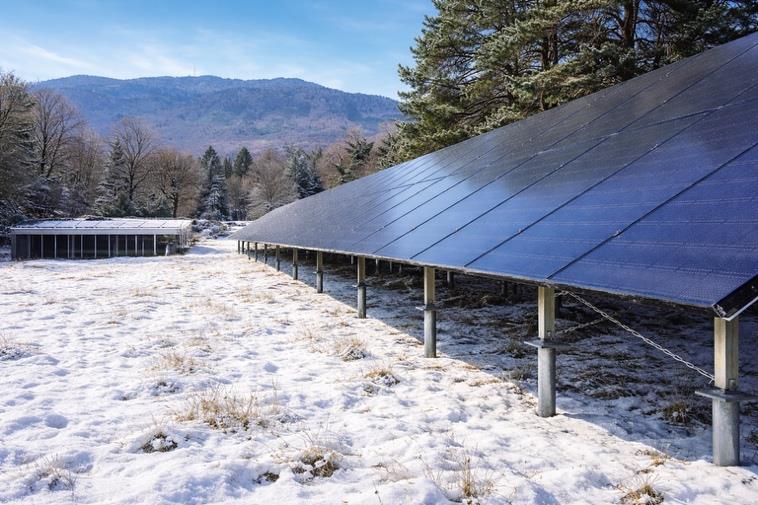 Panneaux photovoltaïques au sol en conditions hivernales, structure visible au-dessus du sol